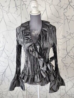 Allison Taylor Metallic Silver Crinkle Ruffle Wrap Blouse